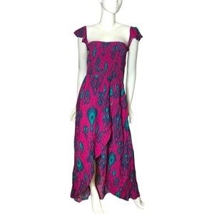 Vintage maxi sundress cap shoulder shirred  top printed Ikat dress large boho